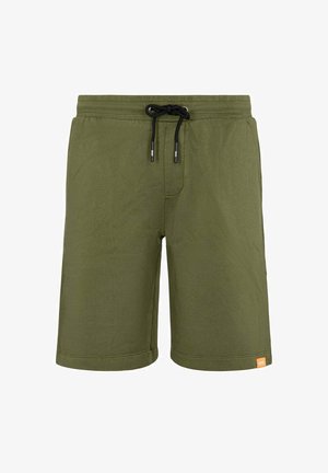 Pantaloncini da uomo verde oliva con vita con coulisse nera e piccolo logo arancione sull'orlo inferiore della gamba sinistra.