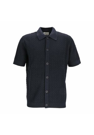 Navy blue short-sleeve button-up shirt with textured knit pattern and collar, labeled "Nowadays."
