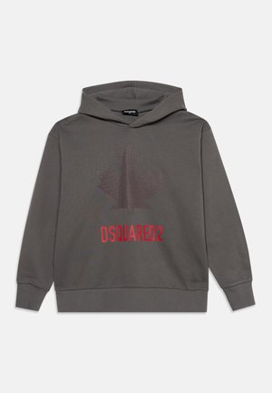 Тъмносив суичър с качулка с текстуриран дизайн на кленов лист и "DSQUARED2" отпечатано в червено отпред.