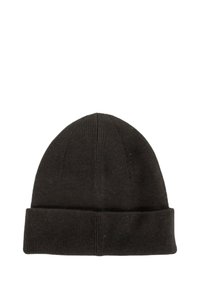 Berretto in maglia nera con risvolto, caratterizzato da una texture a coste e un design senza cuciture. Realizzato in materiale morbido e elasticizzato per garantire calore.
