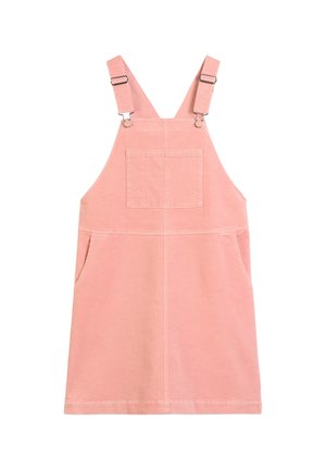 Roze ribfluweel bovenjurk met een voorste borstzak, verstelbare schouderbanden en twee zijzakken.