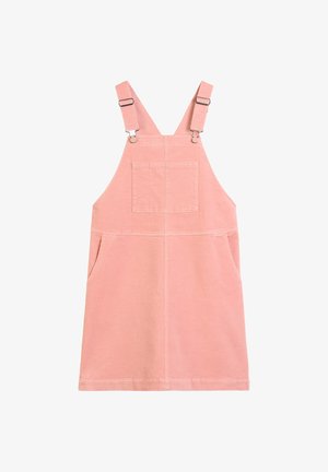 Różowa sukienka ogrodniczka z cordurowego materiału z kieszenią na piersi, regulowanymi ramiączkami i dwiema kieszeniami po bokach.