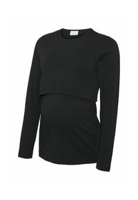 Dugih rukava crna majica za trudnice izrađena od mekog materijala, s višeslojnim dizajnom i zakrivljenim rubom, pogodna za prilagodbu rastućem trbuhu.