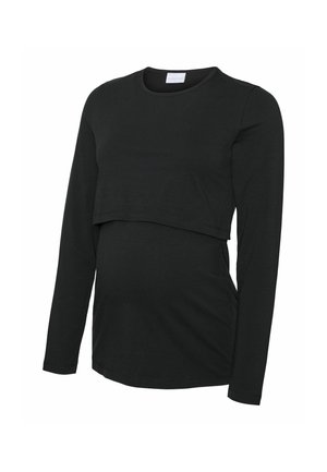 Melna grūtniecības blūze ar garām piedurknēm, kas izgatavota no mīksta auduma, ar slāņotu dizainu un izliektu apakšmalu, piemērota augošam vēderam.