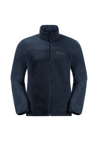 Marineblauwe fleecejas met hoge kraag, volledige ritssluiting aan de voorkant en logo op de borst. Zachte textuur en lange mouwen met gesloten manchetten.