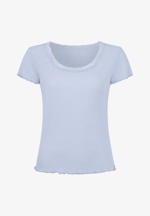 Hellblaues, geripptes Kurzarmtop mit wellenförmigen Kanten an Ärmeln, Saum und spitzenbesetztem Rundhalsausschnitt.