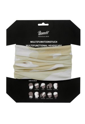 Multifunctional headscarf in beige with a camouflage pattern, made of stretchy fabric. Packaged with instructions for various wearing styles.