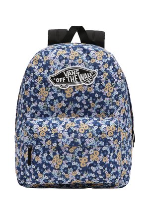 Sac à dos Vans bleu avec motif floral jaune et blanc et poche frontale zippée, avec écusson logo "Vans Off The Wall".