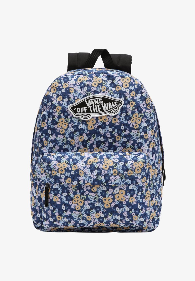 Sac à dos Vans bleu avec motif floral jaune et blanc et poche frontale zippée, avec écusson logo "Vans Off The Wall".