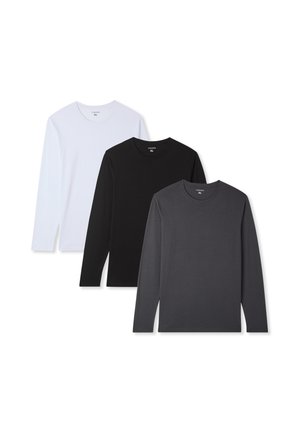 Tre magliette a maniche lunghe in bianco, nero e grigio scuro. Realizzate in tessuto morbido, caratterizzate da scolli rotondi e una vestibilità aderente.