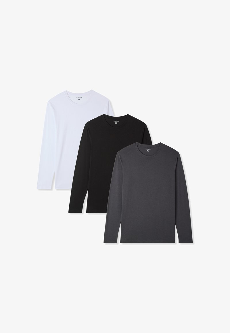 Tre magliette a maniche lunghe in bianco, nero e grigio scuro. Realizzate in tessuto morbido, caratterizzate da scolli rotondi e una vestibilità aderente.