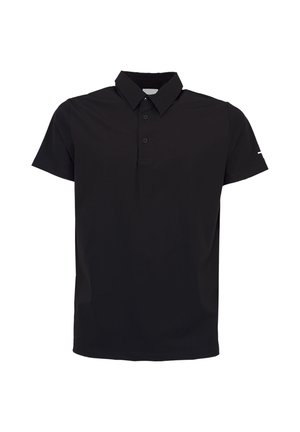 Zwarte polo met korte mouwen, een kraag en een drieknoppenbies, afgebeeld op een witte achtergrond.