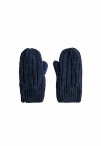 Muffole lavorate a maglia di un blu navy scuro. Texture a coste, parte superiore arrotondata e sezione del pollice separata. Materiale morbido e caldo progettato per il freddo.
