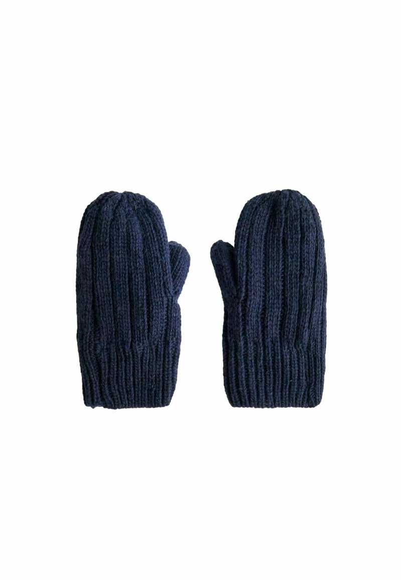 Muffole lavorate a maglia di un blu navy scuro. Texture a coste, parte superiore arrotondata e sezione del pollice separata. Materiale morbido e caldo progettato per il freddo.