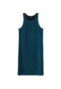 Türkisfarbiges, ärmelloses Kleid aus glitzerndem Stoff; hat einen Rundhalsausschnitt und einen geraden Schnitt, der frei fällt, ohne sichtbare Verzierungen.