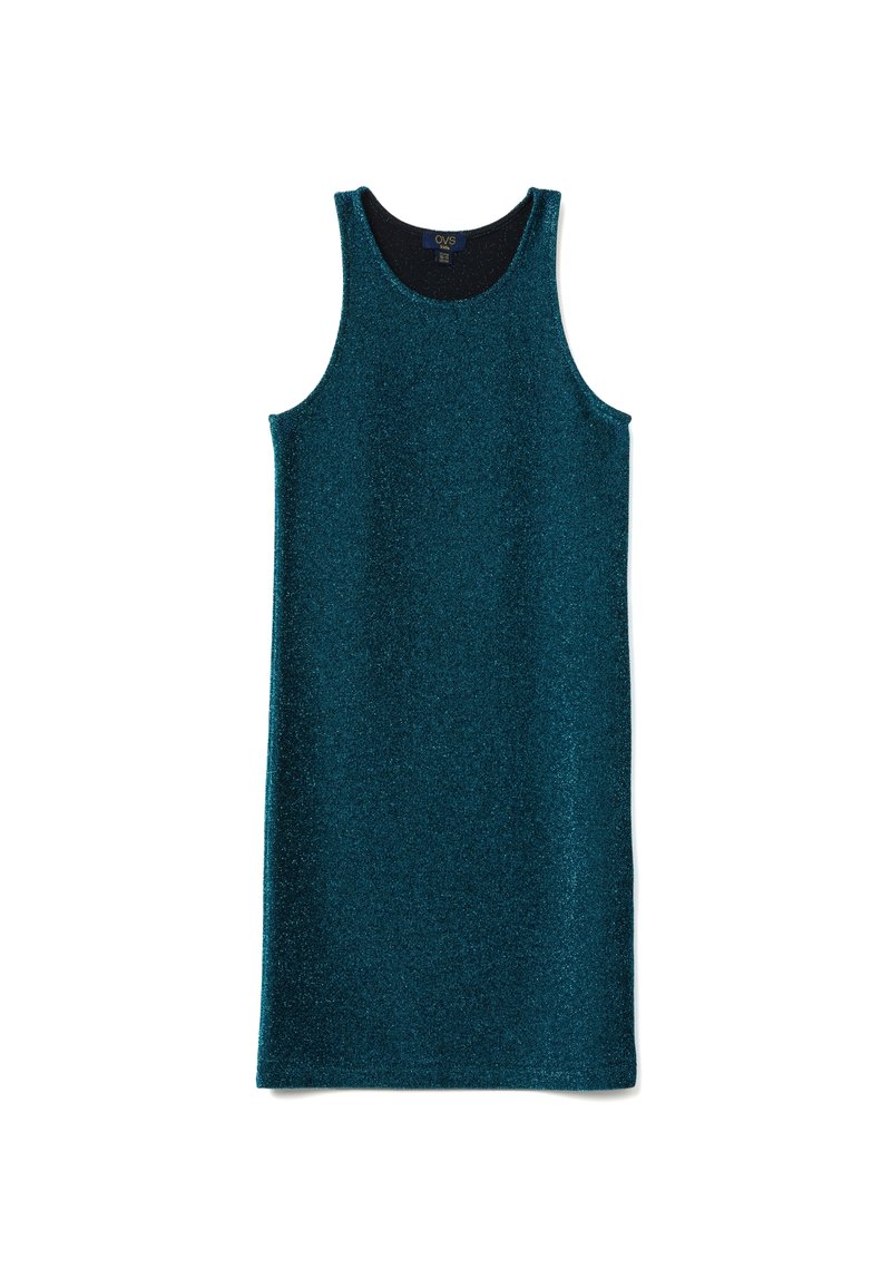 Türkisfarbiges, ärmelloses Kleid aus glitzerndem Stoff; hat einen Rundhalsausschnitt und einen geraden Schnitt, der frei fällt, ohne sichtbare Verzierungen.