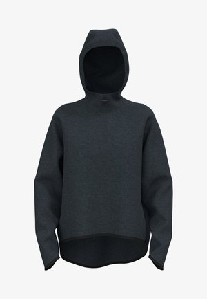 Ciemnoszara bluza z kapturem, z długimi rękawami, wysokim kołnierzem i regulowanym ściągaczem przy kapturze, lekko zaokrąglony dół, bez widocznych logo czy wzorów.