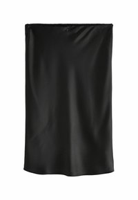Jupe en satin noir avec une texture lisse, dotée d'une bordure en dentelle à volants en haut et d'un design simple à coupe droite.