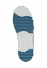 Gumová podrážka obuvi s modrými a bílými sekcemi. Texturované úchopy s horizontálními a diamantovými vzory pro trakci. Zaoblené okraje designu.