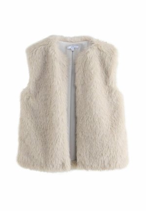 Gilet sans manches en fausse fourrure beige avec ouverture frontale et doublure intérieure lisse, présenté sur fond blanc.