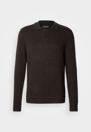 Donkerbruine pullover sweater van gestructureerde brei-stof, met een polo-kraag, een knoopsluiting met drie knopen en geribbelde manchetten en zoom.