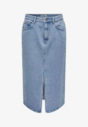 Jasnoniebieska spódnica dżinsowa z prostym krojem, rozcięciem z przodu, pięcioma kieszeniami oraz zapięciem na zamek błyskawiczny i guzikiem.