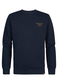 Sudadera azul marino de algodón, con cuello redondo, mangas largas y un pequeño logo impreso en dorado en la parte superior izquierda.