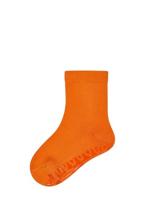 Bright orange ankle sock with non-slip grip patterns on the sole, displayed flat against a white background.
