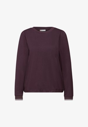 Pulower z długim rękawem w głębokim odcieniu fioletu, wykonany z mieszanki bawełny, z okrągłym dekoltem, elastycznym dołem i paskowanymi akcentami na mankietach. Luźny krój.