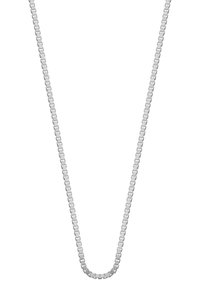 Zilveren ketting met rechthoekige schakels, gepolijste afwerking, gladde textuur en een uniforme, langwerpige vorm.