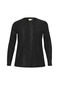 Schwarzer Langarmtop mit wellenförmigem Texturmuster, rundem Ausschnitt und weichem Stoff. Besitzt ein dezentes, tonal gehaltenes Design über das gesamte Kleidungsstück.