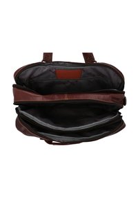 Braune Ledertasche mit mehreren Fächern, grauem Stofffutter, zwei kurzen Griffen und einem Reißverschluss. Auffällige gestickte Akzente entlang der Kanten.