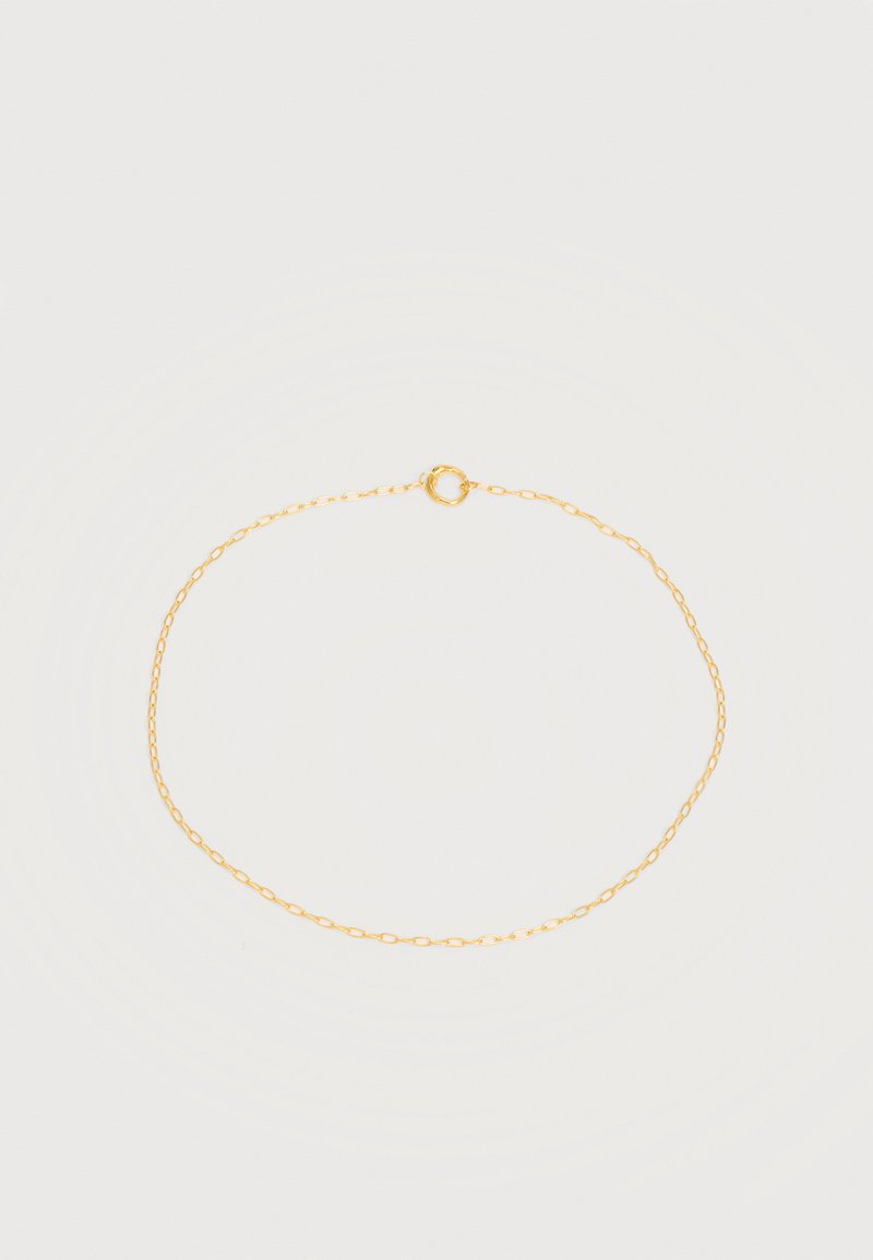 Λεπτή χρυσή αλυσίδα με ένα μικρό κυκλικό κούμπωμα σε απλό λευκό φόντο.