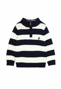 Navy- und weiß gestreifter Pullover, aus gestricktem Material, hoher Kragen, kurzer Knopfverschluss, Logo-Patch auf der Brust, gerippte Bündchen und Saum.