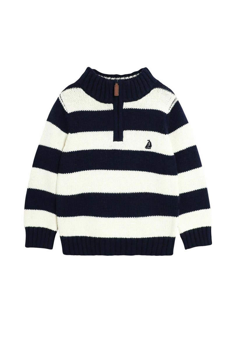 Navy- und weiß gestreifter Pullover, aus gestricktem Material, hoher Kragen, kurzer Knopfverschluss, Logo-Patch auf der Brust, gerippte Bündchen und Saum.
