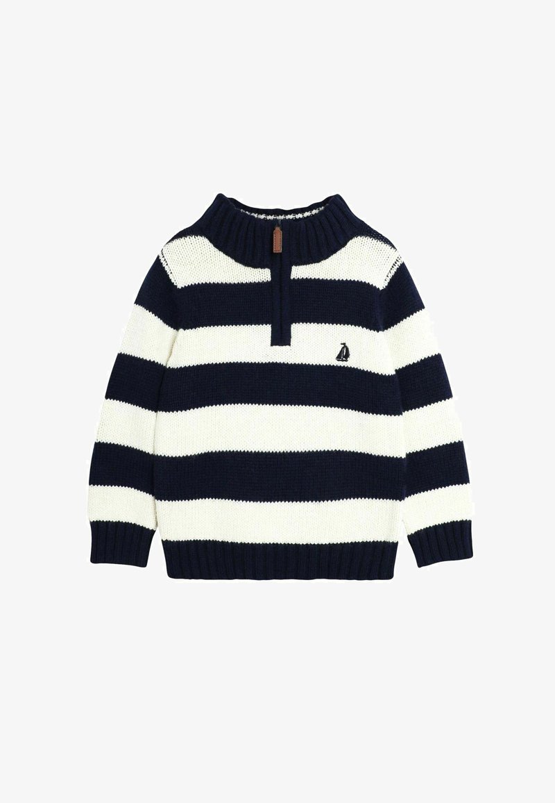 Tengerészkék és fehér csíkos pulóver, kötött anyagból, magas nyakkal, rövid gombolással, logóval a mellsen, bordás mandzsetta és szegély.
