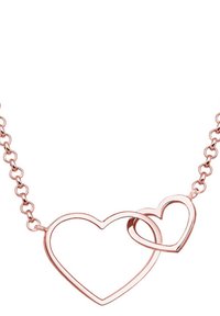 Rose gold halskæde med to sammenflettede hjerteformer. Kæden er delikat med et minimalistisk design og glatte overflader.