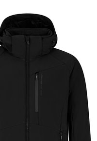 Veste d'hiver noire à capuche avec fermeture éclair frontale et poche poitrine zippée, conçue pour la protection contre le froid.