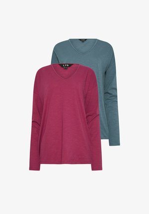 Top con maniche lunghe a V in colori bordeaux e verde petrolio, con una vestibilità morbida e un tessuto testurizzato e morbido. Etichetta del marchio visibile nella scollatura.