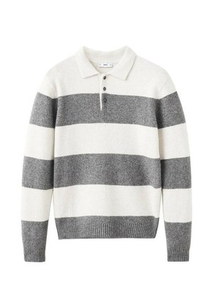 Maglione polo a maniche lunghe con ampie righe orizzontali grigie e bianche, tre bottoni scuri e polsini e orlo a coste.