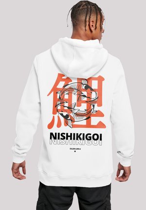 White hoodie featuring graphic design with black and orange koi fish illustrations and "NISHIKIGOI" text on the back.