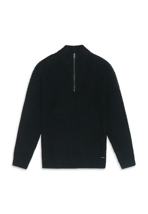 Zwart gebreid sweater met een hoge kraag, voorzien van een halve ritssluiting. Textuurstof en geribde manchetten en onderrand. Aangekleed met een logo-label.