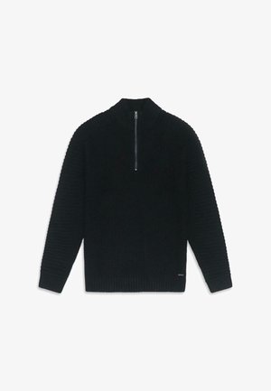 Zwart gebreid sweater met een hoge kraag, voorzien van een halve ritssluiting. Textuurstof en geribde manchetten en onderrand. Aangekleed met een logo-label.