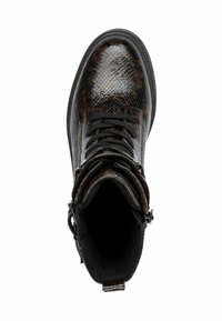 Black patterned ankle boot with a textured exterior, sturdy laces, and a soft lining. Features a zipper and subtle stitching details.