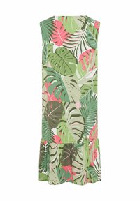 Ärmelloses Kleid mit einem tropischen Blättermuster in Grün, Rosa und Beige. Ausgestellter Saum mit Raffung am unteren Ende.