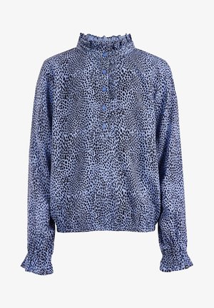 Langærmet bluse med blå og sort plettet mønster, flæset høj hals, knaplukning foran og flæset manchetter.