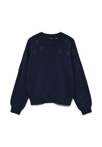 Pull en tricot bleu marine à manches longues, col rond, avec motifs floraux brodés sur la poitrine et les manches.