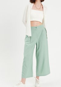 Mint green wide-leg pants made of lightweight fabric, featuring a front button closure, deep side pockets, and a relaxed fit.