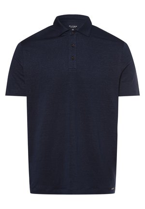 Tummansininen lyhythihainen poolopaita, jossa on kauluksellinen pääntie, kolmen napin nappilista ja teksturoitu pinta. Helmassa pieni logo.