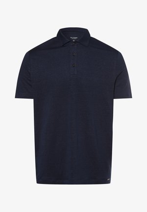 Polo bleu marine à manches courtes avec col, patte à trois boutons et finition texturée. Présente un petit logo sur l'ourlet.